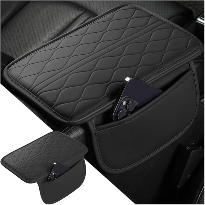 Car Center Console Cover, Leather Vehicle Arm Rest Protection Cushion with 2 Side Storage Bags, Auto Interior Armrest Storage Box Pad Accessories, Universal for SUV, Sedan, Truck (Black)