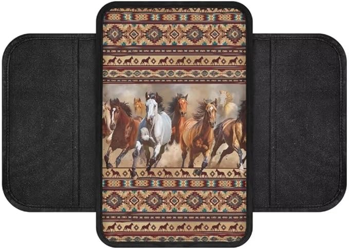 Boatee Horse Arm Rest Cover for Auto Center Console Cover Armrest Mat for Car Console Cushion Auto Arm Rest Box Pad Vehicle Console Organizer Interior Protector Armrest Cushion Western Aztec Brown