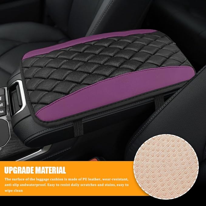 Car Center Console Cover, Leather Waterproof Armrest Seat Box Cushion Pad, Universal Decor Protector Mat, Comfortable Car Decor Accessories Fit for Most Cars, Vehicles, SUVs(Purple)