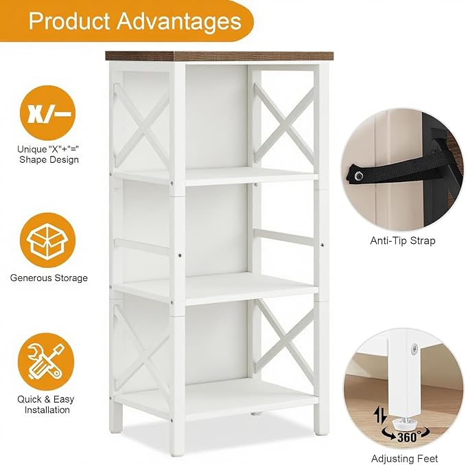 MNEETRUNG Small Bookshelf,4 Tier Industrial Bookcase with Metal Frame and Backboard,Narrow White Book Shelf,Book case for Small Spaces,Living Room,Bedroom and Home Office