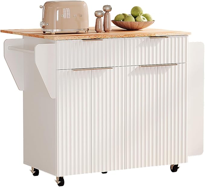 VINGLI Fluted Kitchen Island with Storage, Rolling Kitchen Cart on Wheels with 2 Drawers & 4 Doors, Adjustable Shelves, Portable Kitchen Island with Rubber Wood Top, White