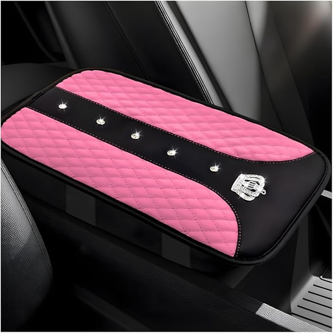 Bling Crown Car Center Console Mats, Anti-Slip and Waterproof Crystal Car Armrest Pad Protector, Universal Rustproof Armrest Decor Cushion for Cars & SUVs, Car Accessories (Pink)