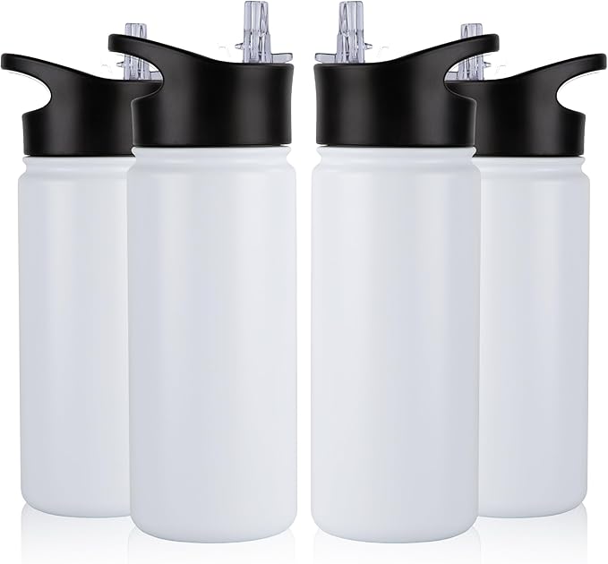 16 oz Insulated Water Bottle Bulk 4 Pack, Straw & Spout Lid, Keep Cold 24H, Spill Proof, BPA-Free, Double Wall, Stainless Steel Kids Water Bottles for School, Sports, White