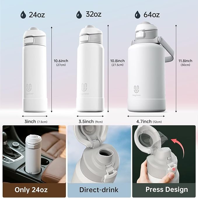 Insulated Magnetic Water Bottle - Reusable Stainless Steel Bottle with MagSafe Compatible Phone Holder - Keeps Cold for 24 Hours - Perfect for Gym, Sports, and Travel - White 32oz