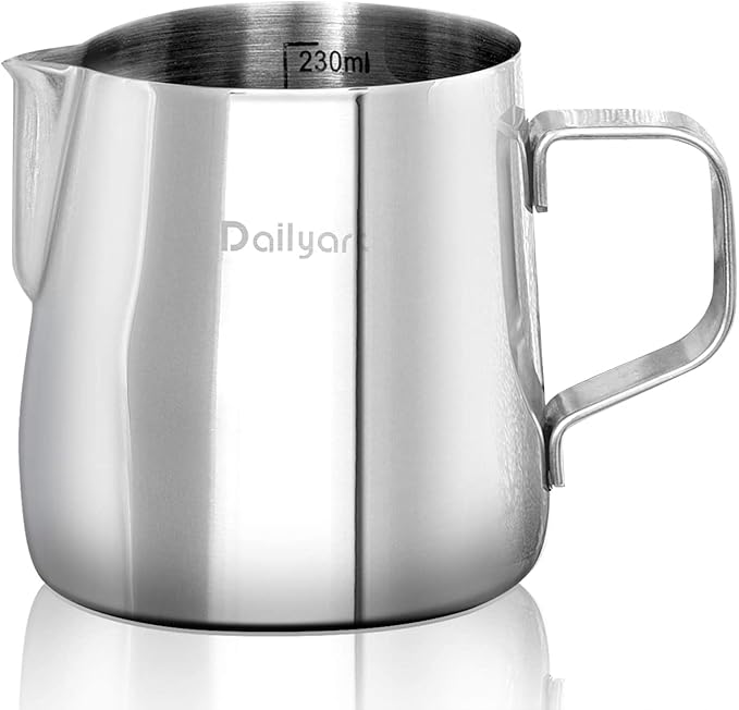 Dailyart Milk Frothing Pitcher 8.5OZ/250ml - 304 Stainless Steel Milk Frother Cup with Special Dripless Spout and Scale, Espresso Machine Accessories, Milk Steaming Pitcher for Cappuccino, Latte Art