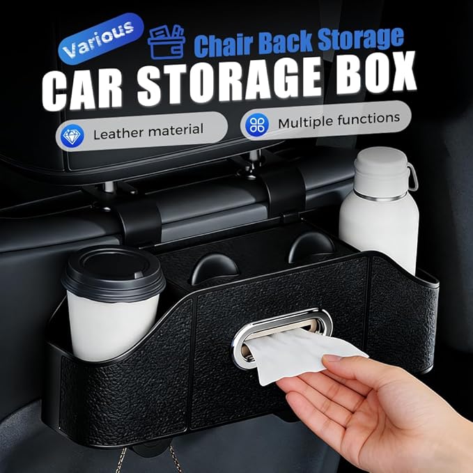 Multifunctional Car Back Seat Storage Organize with Tissue Holder, 2 Cup Holders and Purse Hooks, For Phones, Snacks, Drinks, Bags, Travel Storage (Black)