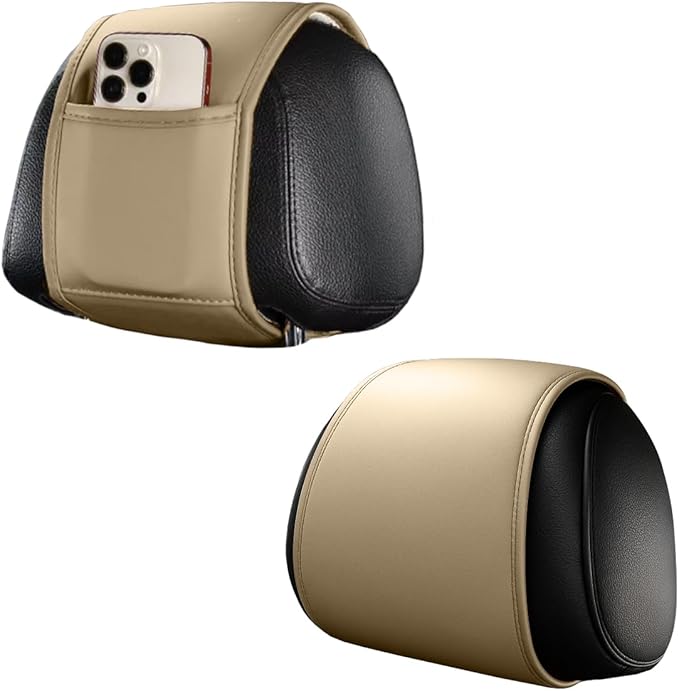2PCS Car Headrest Covers for Back Seat, Leather Dirt-Proof Car Seat Head Rest Protector with Pocket, All Season Universal Auto Interior Decoration Headrest Organizer for Phone, Key (Beige)