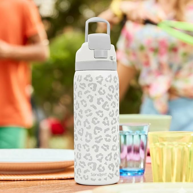 Leopard Print Insulated Stainless Steel Water Bottle with Straw for Sports and Travel, 32oz, Gifts for Women Girls Friends Teens Birthday Christmas (Grey)