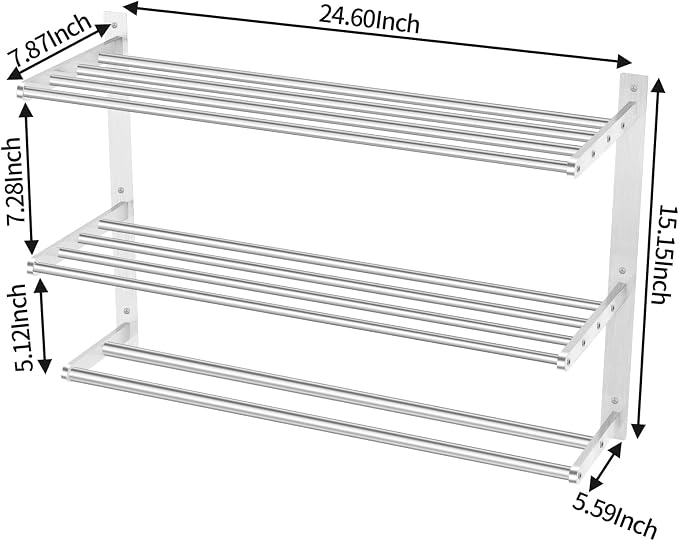 Towel Racks for Bathroom Wall 24 Inch, 3 Tier Bathroom Towel Shelf with Double Towel Bar, Stainless Steel Towel Rack with Towel Shelf, Towel Hanger Holder for Bathroom Towel Storage, Brushed Nickel