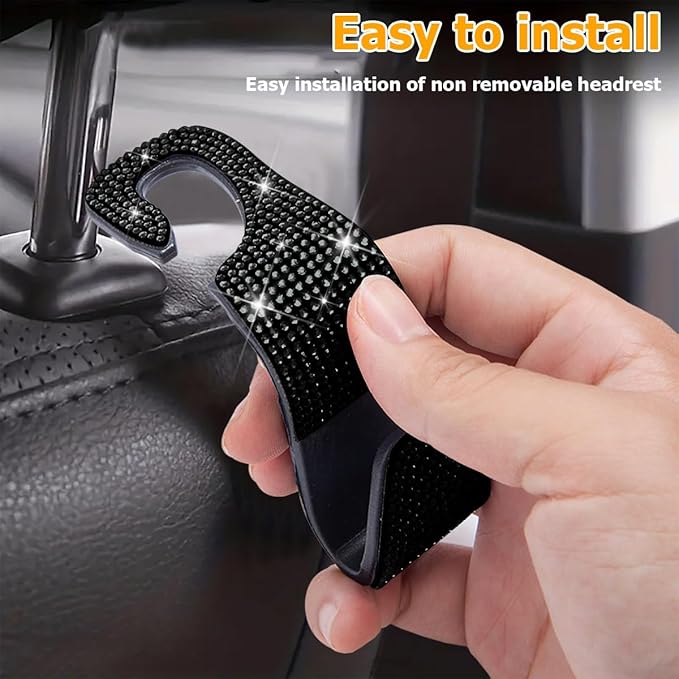 4PCS Bling Car Seat Headrest Hooks, Vehicle Back Seat Purse Handbag Hanging Holder with Crystal Rhinestone, Diamond Storage Organizer Hook, Universal Automotive Accessories (Black)