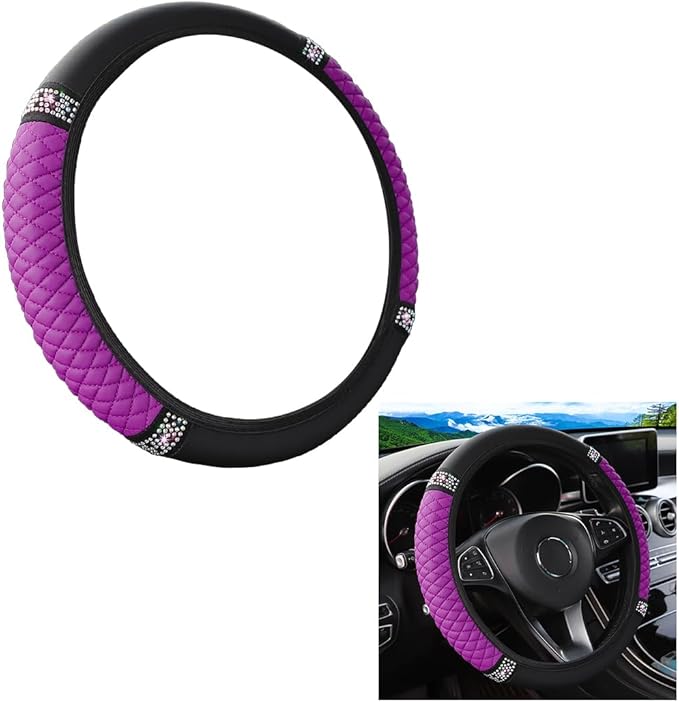 Bling Car Steering Wheel Cover, 15 Inch Crystal Rhinestone Elastic Stretch Leather Steering Wheel Protector, Vehicle Decor Accessories for Women Girls, Universal for RV, SUV, Truck (Purple)
