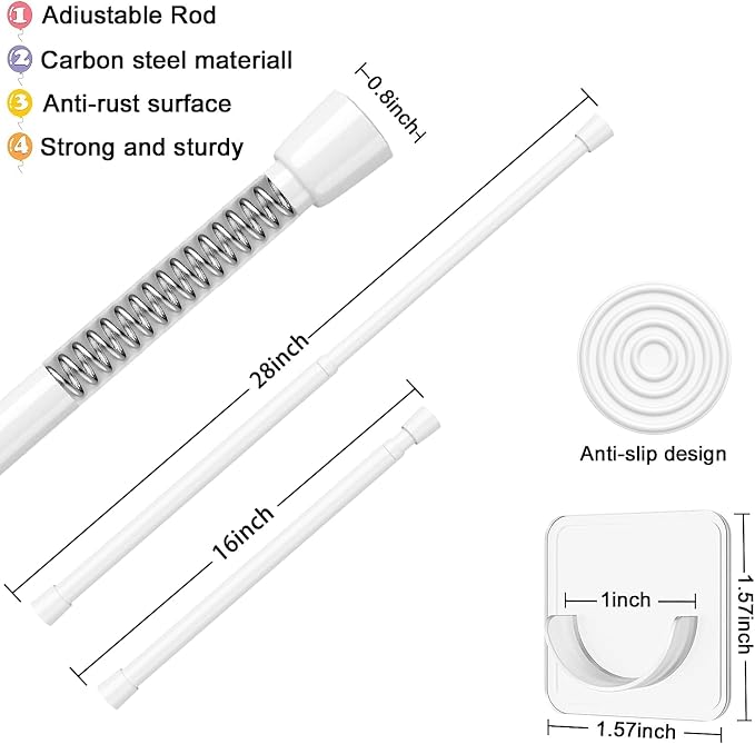 AIZESI Spring Tension Rods Adjustable Tension Curtain Rod Small Tension Rod No Drilling Expandable Spring Loaded Curtain Tension Rod（White,18" to 28"-4Pcs)