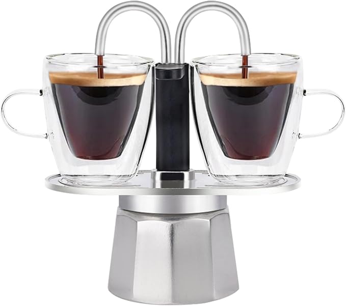 MVPLUE-Mini Express Double Tube Moka Pot Aluminum Silver,Share fresh delicious coffee with a friend