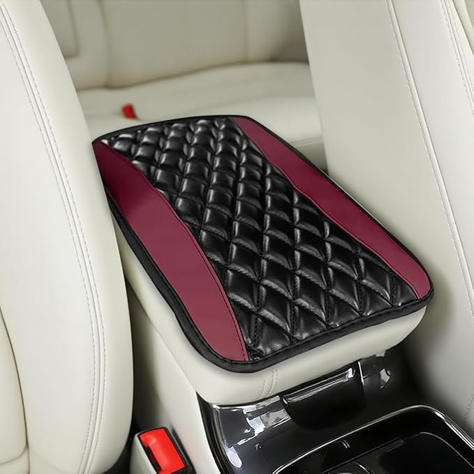 Car Center Console Cover, Comfortable PU Leather Vehicle Armrest Storage Box Cushion Pad, Anti-Scratch Automotive Interior Arm Rest Cover Protector, Universal for Truck SUV Sedan (Wine Red)