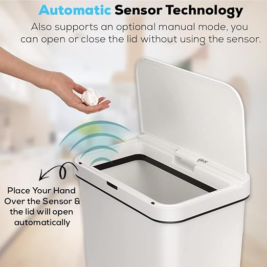 SIMPLI-MAGIC 79502 13 Gallon Touchless Sensor Trash Can, Rectangle Garbage Bin, Perfect for Home, Kitchen, Office, White