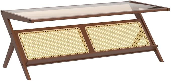 Bamworld Rattan Coffee Table with Glass Top Mid-Century Modern Center Table with Storage for Living Room Table Brown
