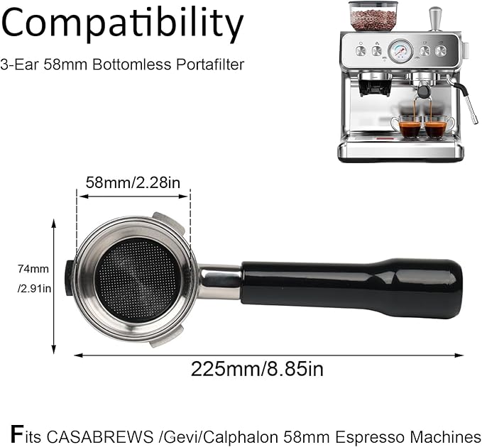 58mm Bottomless Portafilter Compatible with Calphalon Temp IQ/Barsetto Espresso Machines, 3 ears 58mm Portafilter, Filter Basket Included, Stainless Steel Replacement Parts for The Handle