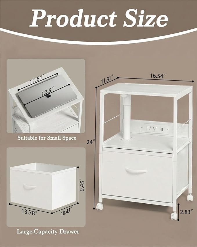 Faesun Swivel Lift Top Nightstand with Charging Station, Rolling Side Table for Recliner, Bedside Table with Wheels & a Fabric Drawer, for Small Spaces, for Bedroom, Living Room, White