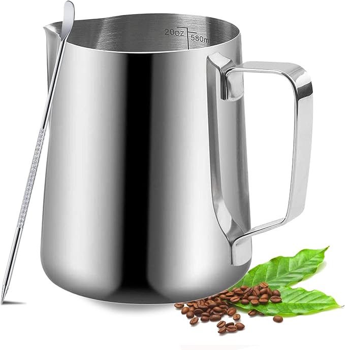 Milk Frothing Pitcher, 600ml (20oz) Milk Frother Cup Stainless Steel Jug Steaming Pitcher, Milk Coffee Cappuccino Latte Art Barista Steam Pitchers Milk Jug Cup with Decorating Pen