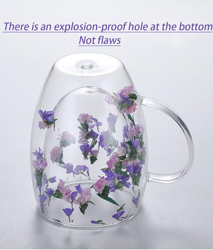 Double Glass Flower Tea Cup, Aesthetic Preserved Flower Cup, Cute Insulated Tea Cup with Handle, Heat Resistant & Lead-free Coffee Mugs, Gifts for Birthday Mother's Day, Perfect for Women Wife Mom (C)