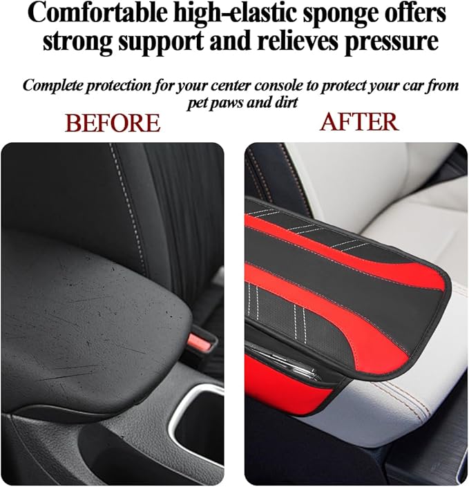 Car Center Console Cover, Soft Leather Sporty Armrest Protector Cushion with 2 Storage Pockets, Comfortable Auto Interior Middle Console Arm Rest Box Pad, Universal for Vehicles (Red)