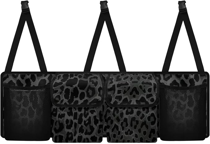 Black Leopard Backseat Trunck Organizer Waterproof Trunk Organizer for SUV Hanging Automotive Accessories with Buckle Strapes & 4 Pockets Car Storage Bag for SUV Sedan for Men Travel