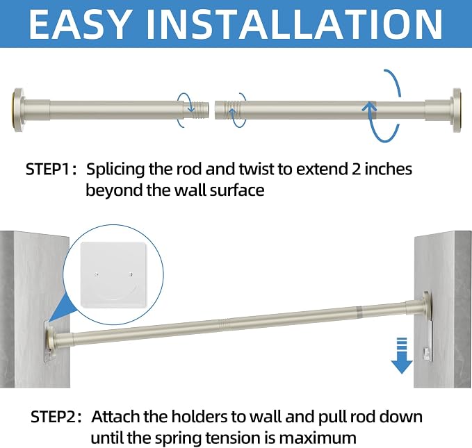 CorkLatta Nickel Shower Curtain Rod,1 Inch Diameter Stainless Steel Adjustable Spring Tension Rods 32 to 68",with Holders,Anti-Slip,Curtain Rods No Drilling(1 Pack)
