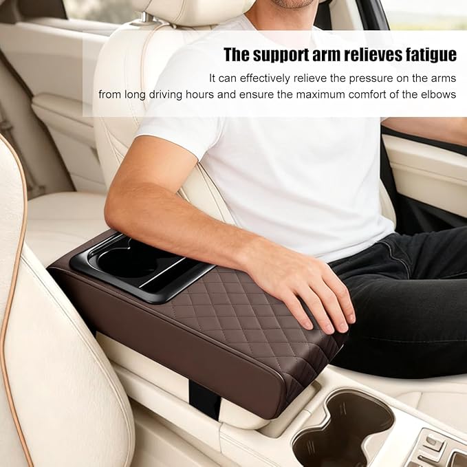 Car Center Console Armrest Pillow, Leather Vehicle Middle Console Protection Cushion with Cup & Phone Holder, Waterproof Automotive Arm Rest Box Cover, Universal Fit (Coffee Rhombus)