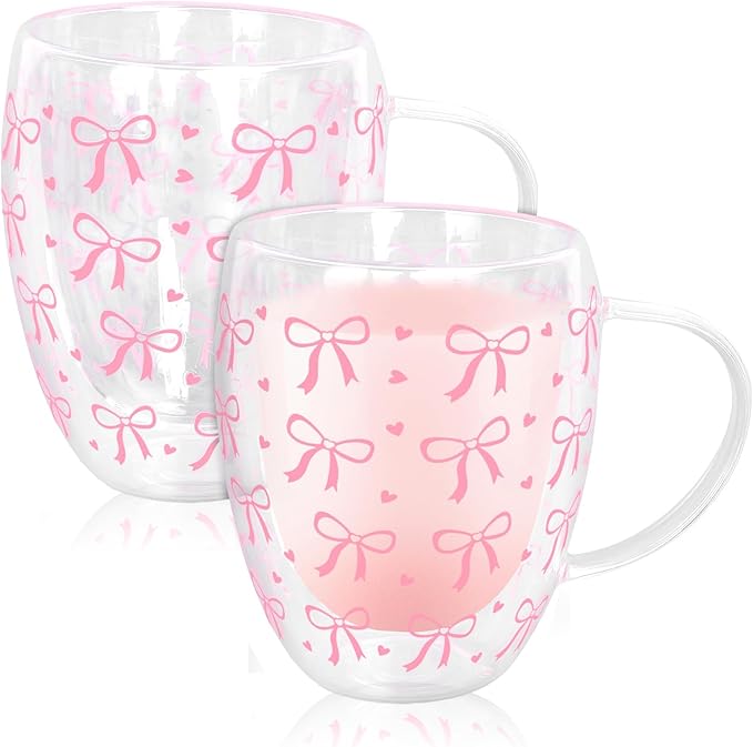JarThenaAMCS Pink Bow Double Wall Glass Coffee Mugs 12Oz Cute Bowknot Heart Insulated Glasses Clear Espresso Cups with Handle for Home Holiday Supplies, Set of 2