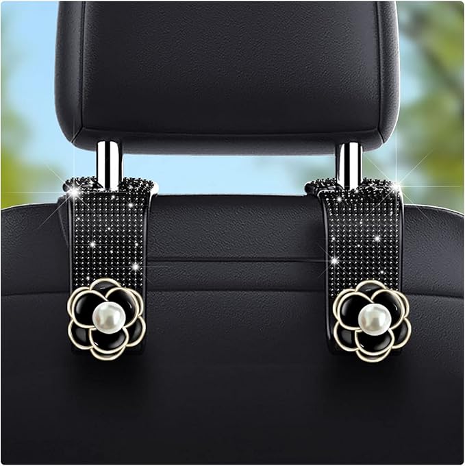 2 Pieces Bling Car Hooks for Back Seat Purses and Bags - Headrest Mask Organizer With Diamond (Black)