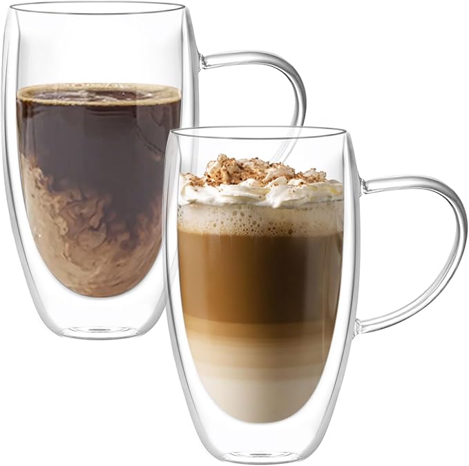 Double Wall Glass Coffee Mugs Set of 2, 15oz/440ml Insulated Glass Mugs with Handle for Hot Beverages, Large Clear Coffee Cups for Espresso, Tea, Latte, Cappuccino