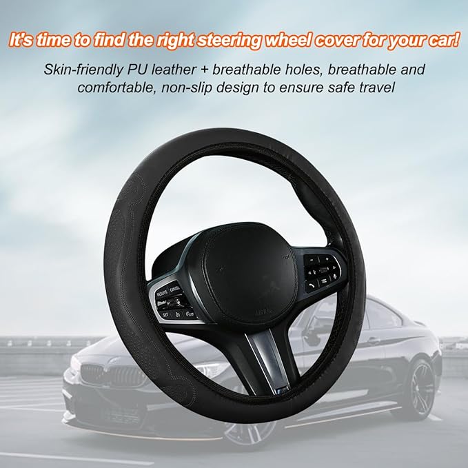 Car Steering Wheel Cover, 15 Inch Leather Soft Elastic Stretch Anti Slip Auto Steering Wheel Wrap Guard, Breathable Vehicle Interior Accessories, Universal for SUV RV Truck (Black)