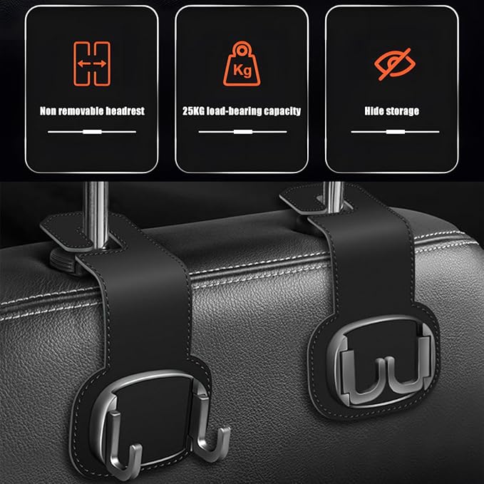 Car Headrest Hooks, 2PCS Foldable Double Vehicle Back Seat Organizer Hanging Holder for Purse Coat Umbrella, Automotive Interior Seatback Storage Hanger Accessories, Universal Fit (Black)