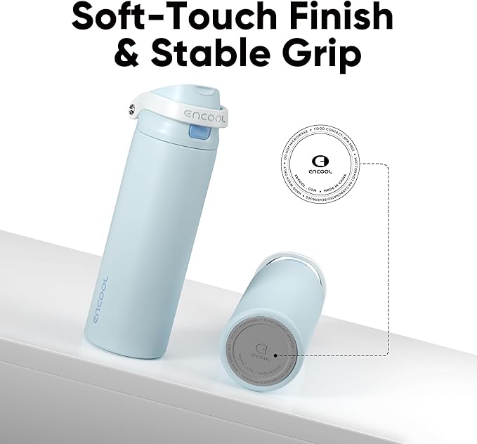 ENCOOL Leakproof Insulated Water Bottle with Straw Dual-Sip Water Bottle Bag-Safe Design for Work, Commute & Gym – Keeps Drinks Cold All Day, 32 oz, Frost Blue