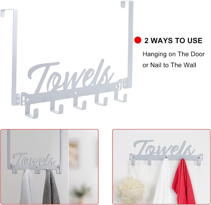 Azmoncy Over The Door Hooks, Towel Rack for Bathroom & Bedroom, Heavy Duty Over Door Towel Hanger with 5 Coat Hooks, Silver