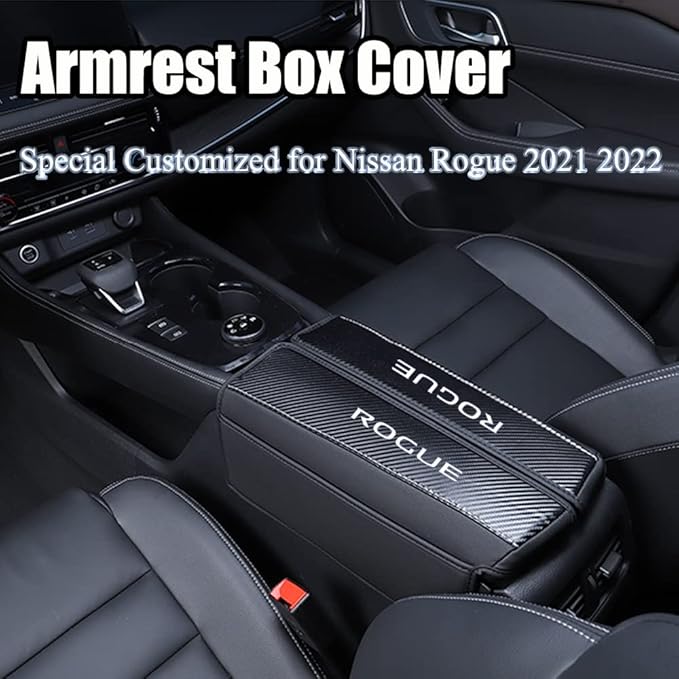 XITER 1PC Leather Center Console Armrest Cover with Side Pockets for Nissan Rogue 2021 2022 2023 2024 2025 2026 Accessories(Carbon Fiber+Black)