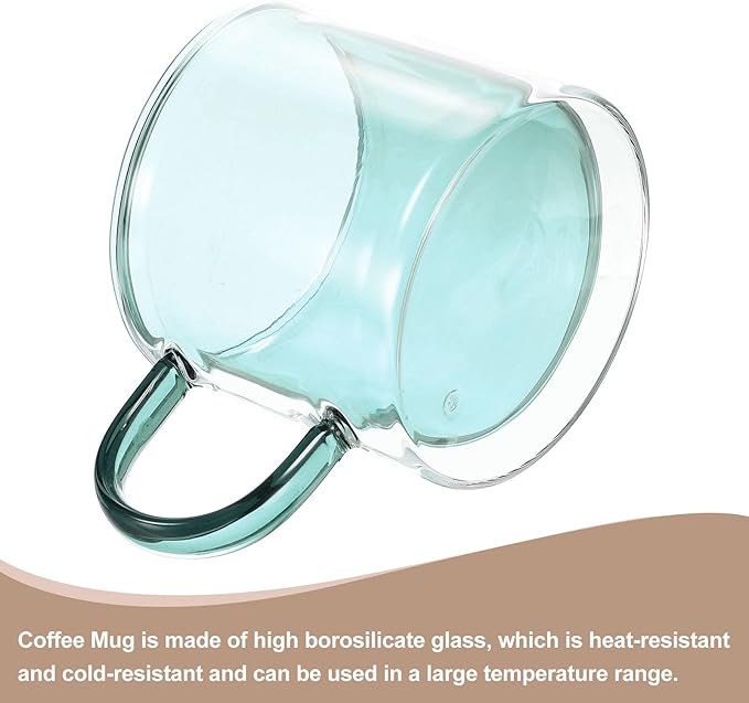 uxcell 8.4 oz Double Wall Glass Coffee Mugs, Glass Tea Cup with Widened Handles for Espresso Coffee, Cappuccino, Tea Bag, Latte, Hot Cold Beverages, Juice, Green