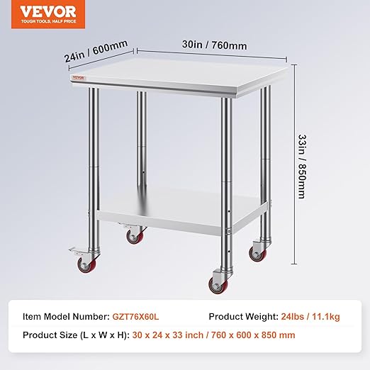 Mophorn Stainless Steel Work Table with Wheels 30 L* 24 W * 33 H Inch Prep Table with 4 Casters Heavy Duty Work Table for Commercial Kitchen Restaurant Business, Silver and Black