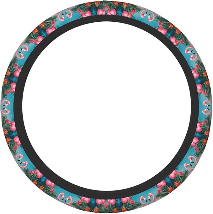 Flamingos Flower Palm Car Steering Wheel Cover, 15 Inch Steering Wheel Cover Stylish Decor for Most Cars