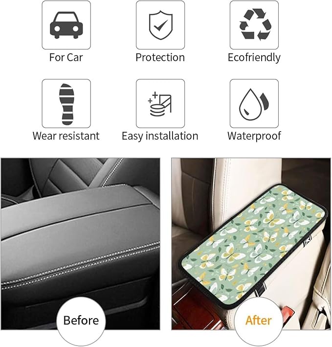 Butterflies Car Center Console Cover Sage Green Butterfly Armrest Cover Pad Cushion Cute Arm Rest Seat Box Protector Cars Decor Accessories