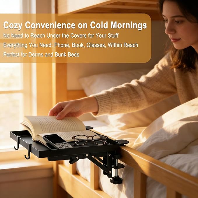 Foldable Bedside Shelf Set, Clip-On Bed Shelf with T-Shaped Cord Hole & Hook, Clip-On Table for Top Bunk, Clip-On Nightstand for College Dorm Loft Bed