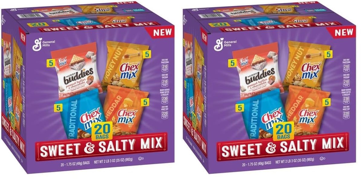Sweet and Salty Snack Variety Pack, Muddy Buddies Peanut Butter and Chocolate, Chex Mix Traditional, Cheddar, and Honey Nut, 20 Ct, 35 oz