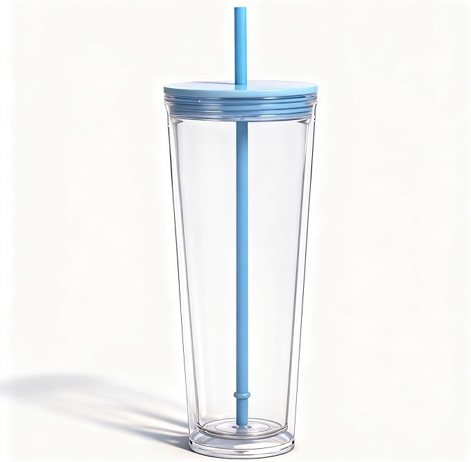 24oz Tumbler with Lid and Straw, Leak Proof and Double Wall Insulated Reusable Plastic Cups,Travel Reusable Iced Coffee Cup (1, Blue)