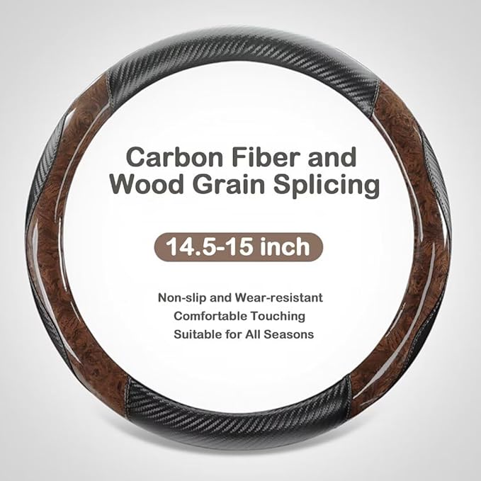 Wood Grain Steering Wheel Cover Carbon Car Steering Wheel Covers 14 1/2-15 inch with Coasters Microfiber Leather Splicing Breathable Anti-Slip Durable Universal Steering Wheel Protective