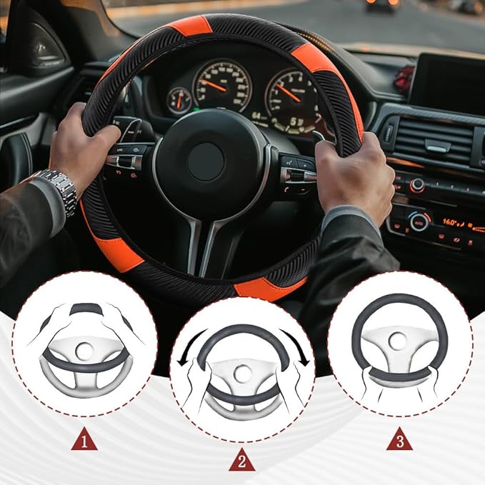 Car Steering Wheel Cover, Steering Wheel Protector, Universal 14.5-15 Inch Microfiber Leather Breathable Auto Steering Wheel Covers, Carbon Fiber Steering Wheel Cover for Women Men (Orange)