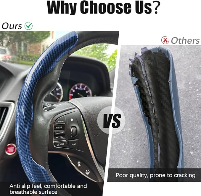 JDDRY Universal Car Steering Wheel Cover,Non-Slip Bright Carbon Fiber Steering Wheel Protector,Car Interior Accessories(Blue,3PC)