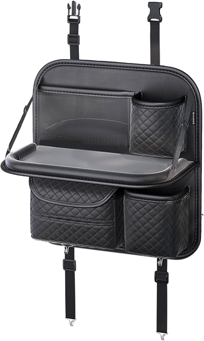 Car Seat Organizer, Backseat Car Organizer with Foldable Table Tray & Cup Holder - Leather Car Backseat Organizer for Kids, Women, Road Trip Essentials for SUVs, Trucks and Cars (Black)