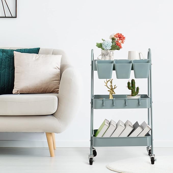 danpinera 3-Tier Rolling Cart, Utility Cart Mobile Metal Rolling Storage Cart with Lockable Wheels & Hanging Cups & Hooks for Kitchen, Bathroom, Office, Workshop, Gray Blue