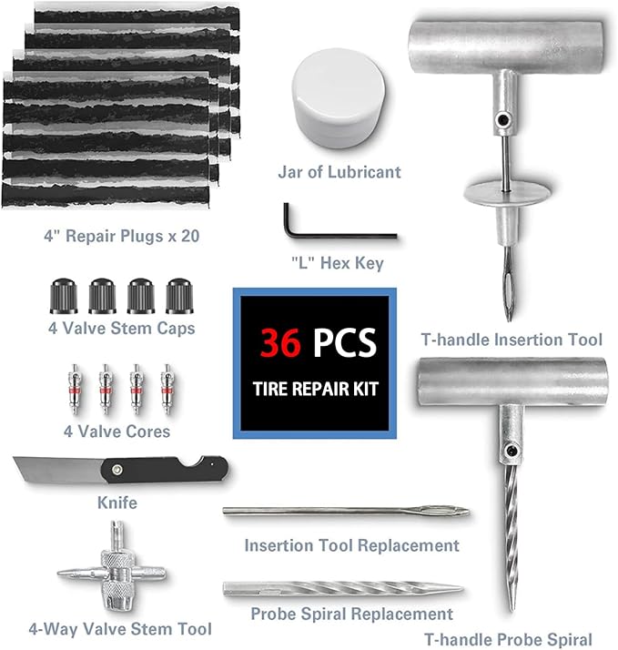 36PCS Heavy-Duty Universal Tire Plug Repair Kit – Car/Motorcycle/Truck/RV Emergency Flat-Tire Fix Set with T-Handles, 20 Self-Vulcanizing Plugs, Valve Tools & Compact Storage Bag