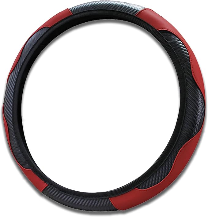 Car Steering Wheel Cover, 15 inch Carbon Fiber Microfiber PU Leather Elastic Steering Wheel Protector for Unisex, Anti-Slip Breathable Car Interior Accessories for Most Cars (Wine Red)